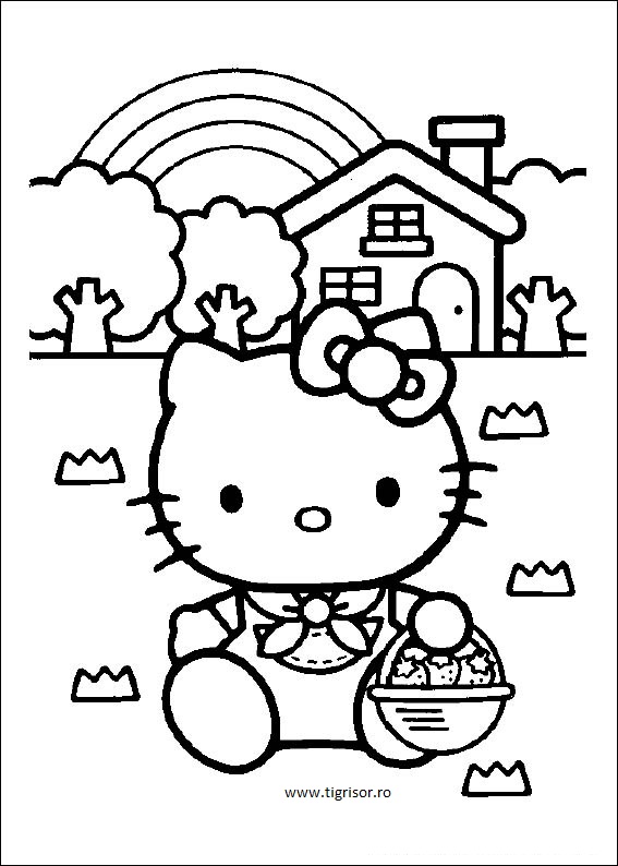 Plansa de colorat cu Hello Kitty si curcubeu dupa casa